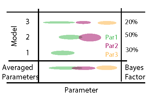 Illustration of the joint posterior space of several models with a different number of parameters. Size of the bubbles denotes posterior distribution and weight across models and parameters.